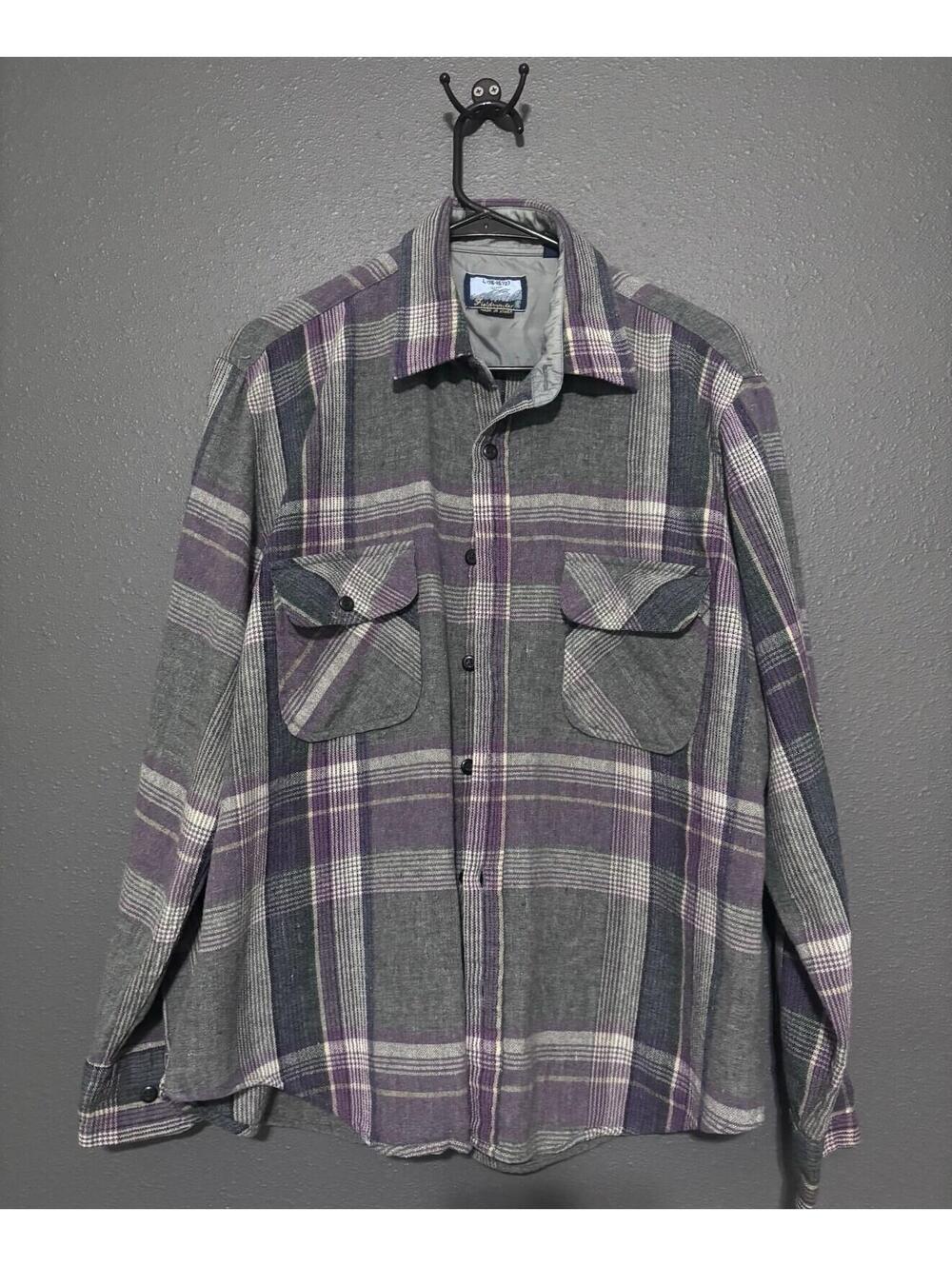 Vintage  Fieldmaster Flannel Wool Blend Size Large 16-16.5 Purple Grey EUC